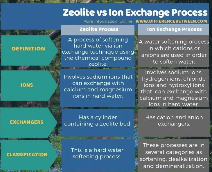 በሰንጠረዥ ቅፅ በ Zeolite እና ion ልውውጥ ሂደት መካከል ያለው ልዩነት